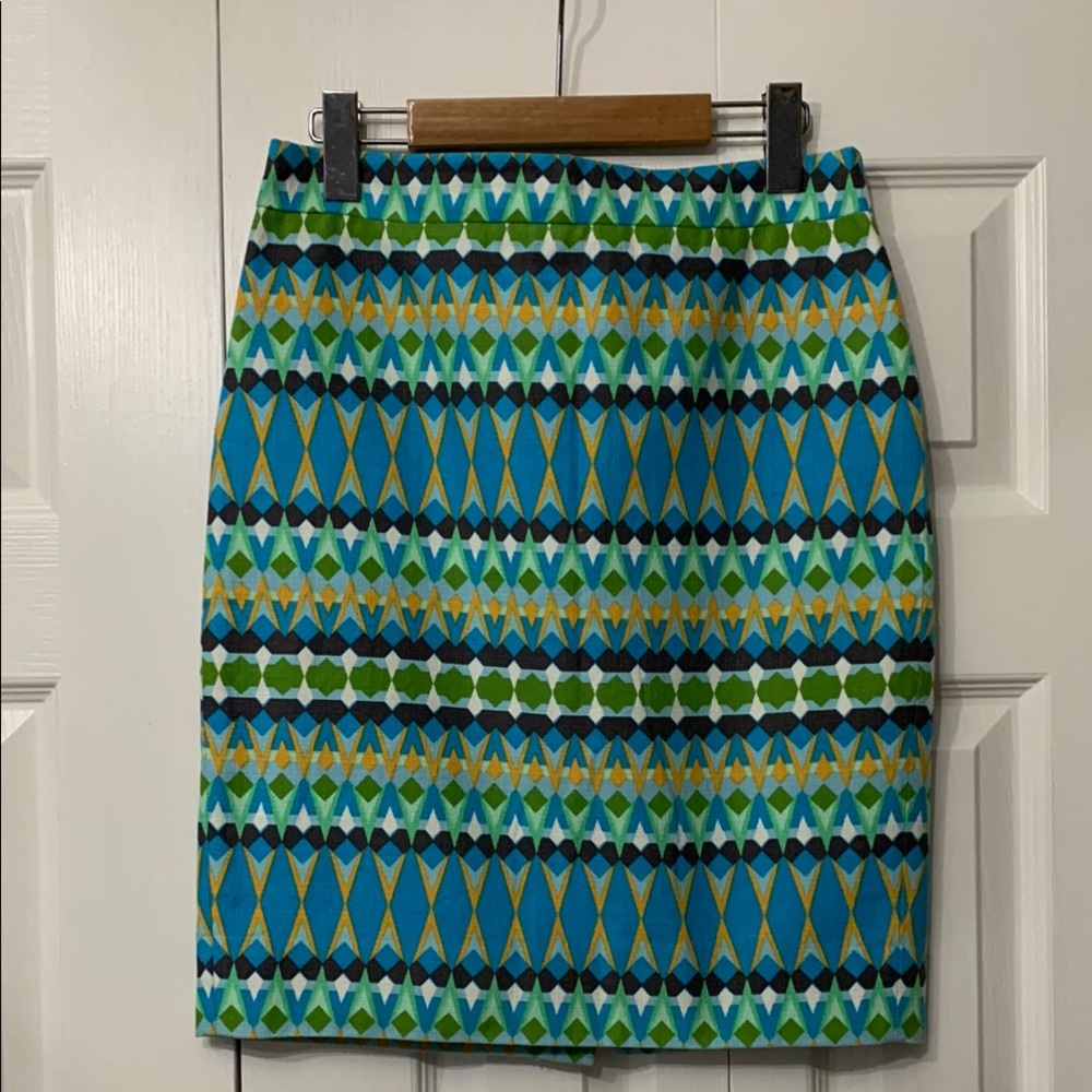 J. Crew Factory Vibrant Blue Green Patterned Pencil Skirt Size 0
